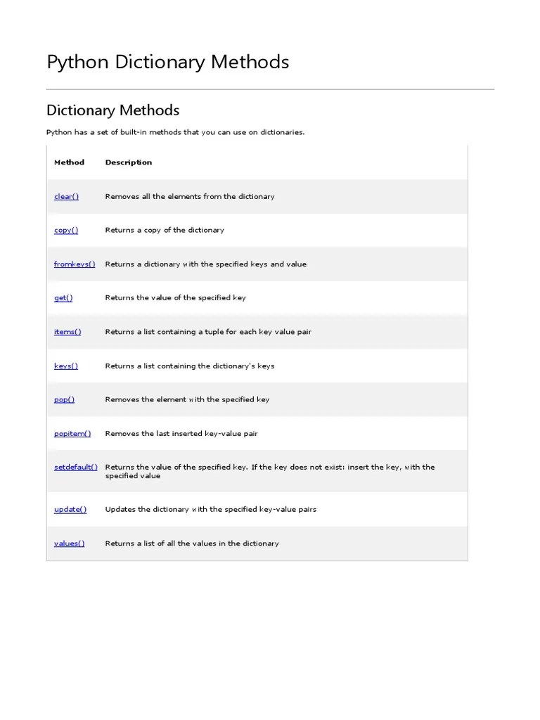 Python Dictionary Methods | Download Free PDF | Parameter (Computer ...