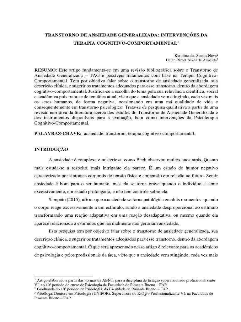 Artigo Transtorno De Ansiedade Generalizada Intervenções Da Terapia Cognitivo Comportamental 1 ...
