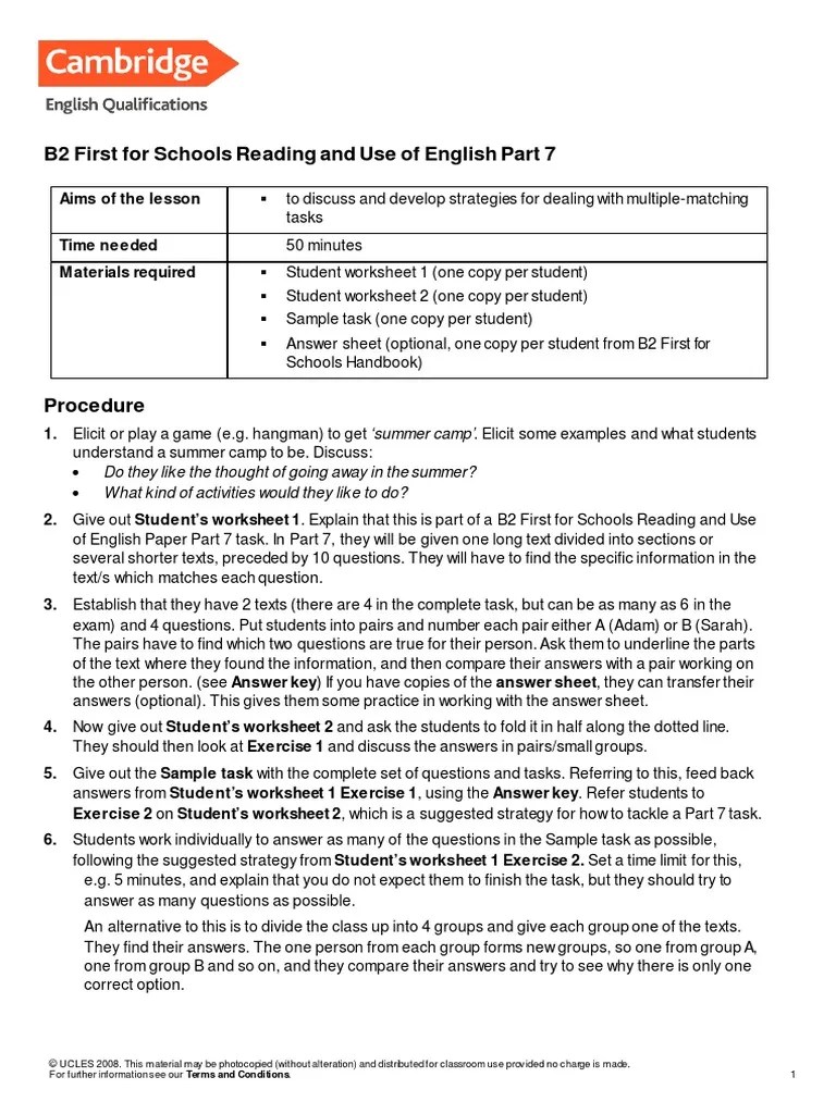 B2 First For Schools Reading And Use Of English Part 7 | Download Free PDF | Test (Assessment ...