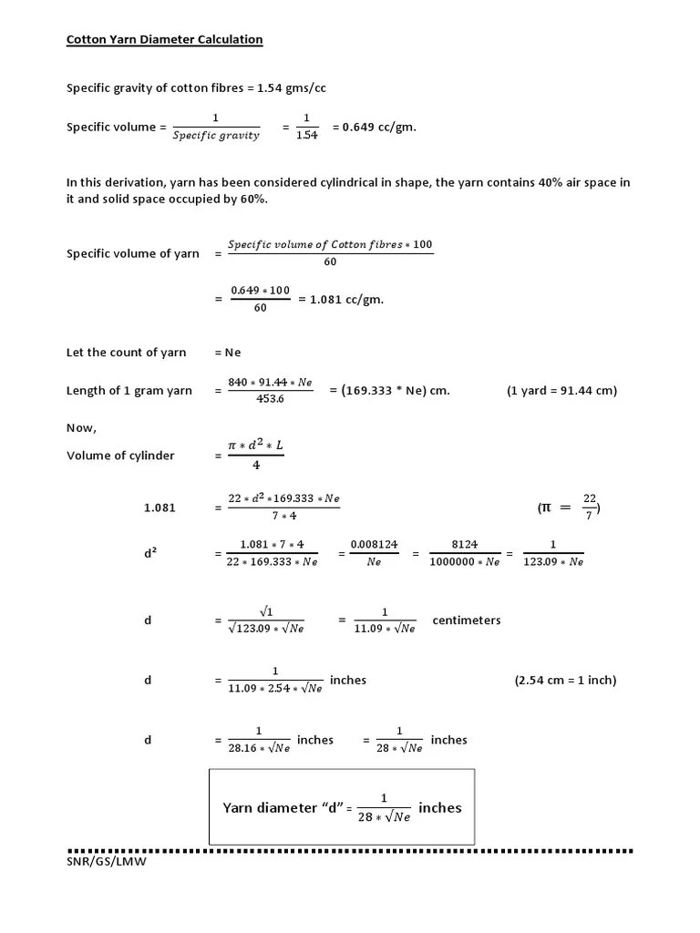 Cotton Yarn Diameter Calculation | PDF | Yarn | Volume
