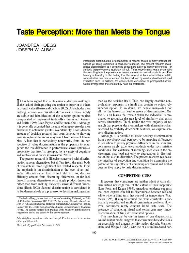 Taste Perception - More Than Meets The Tongue | PDF | Perception | Experiment