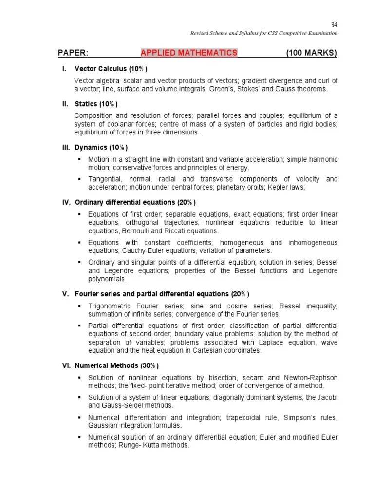 Css Subject Applied Mathematics Syllabus Download | PDF | Equations | Fourier Series
