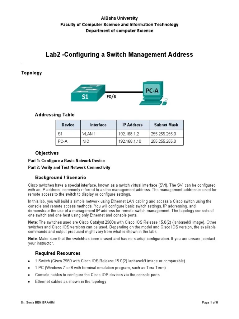 Lab2 - Configuring A Switch Management Address: Topology | PDF | Computer Network | Ip Address
