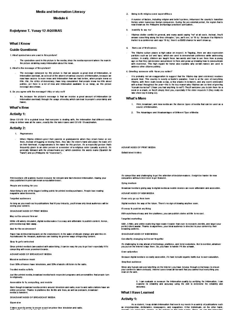 Media And Information Literacy Module 6 | PDF | Mass Media | Communication