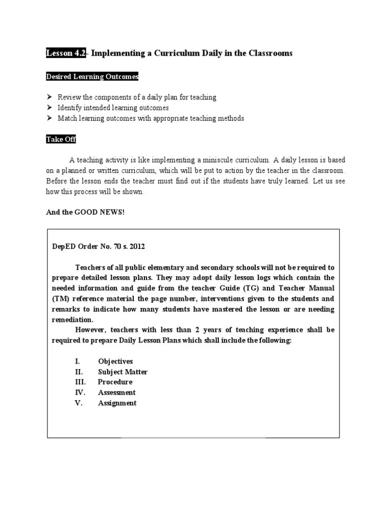 Implementing A Curriculum Daily In The Classrooms: Lesson 4.2 | PDF ...