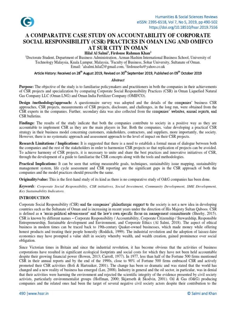 A Comparative Case Study On Accountability Of Corporate Social Responsibility (CSR) Practices In ...