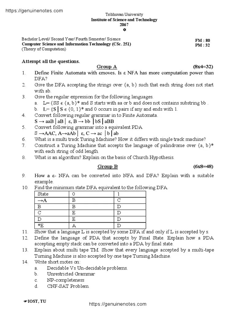 Theory Of Computation BSC CSIT Old Questions | PDF | Theory Of ...