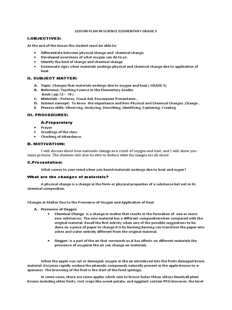 Lesson Plan In Science Elementary Grade 5 | PDF | Chemical Substances | Apple