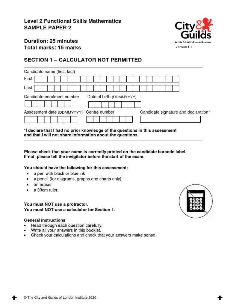 4748 Functional Skills Mathematics L2 Sample 2 Non Calculator Paper V1 ...