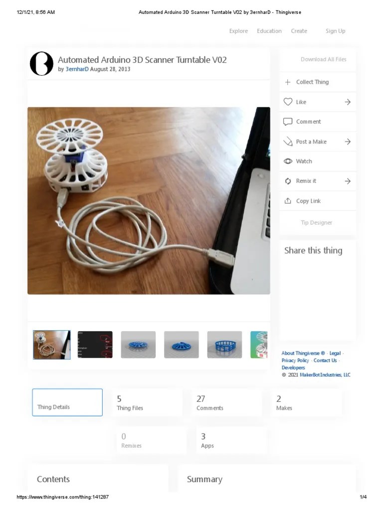 Automated Arduino 3D Scanner Turntable V02 By 3ernhard - Thingiverse | PDF | Arduino | Image Scanner