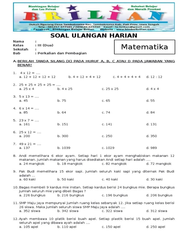 Soal Matematika Kelas 3 SD Bab 3 Perkalian Dan Pembagian Dan Kunci Jawaban | PDF