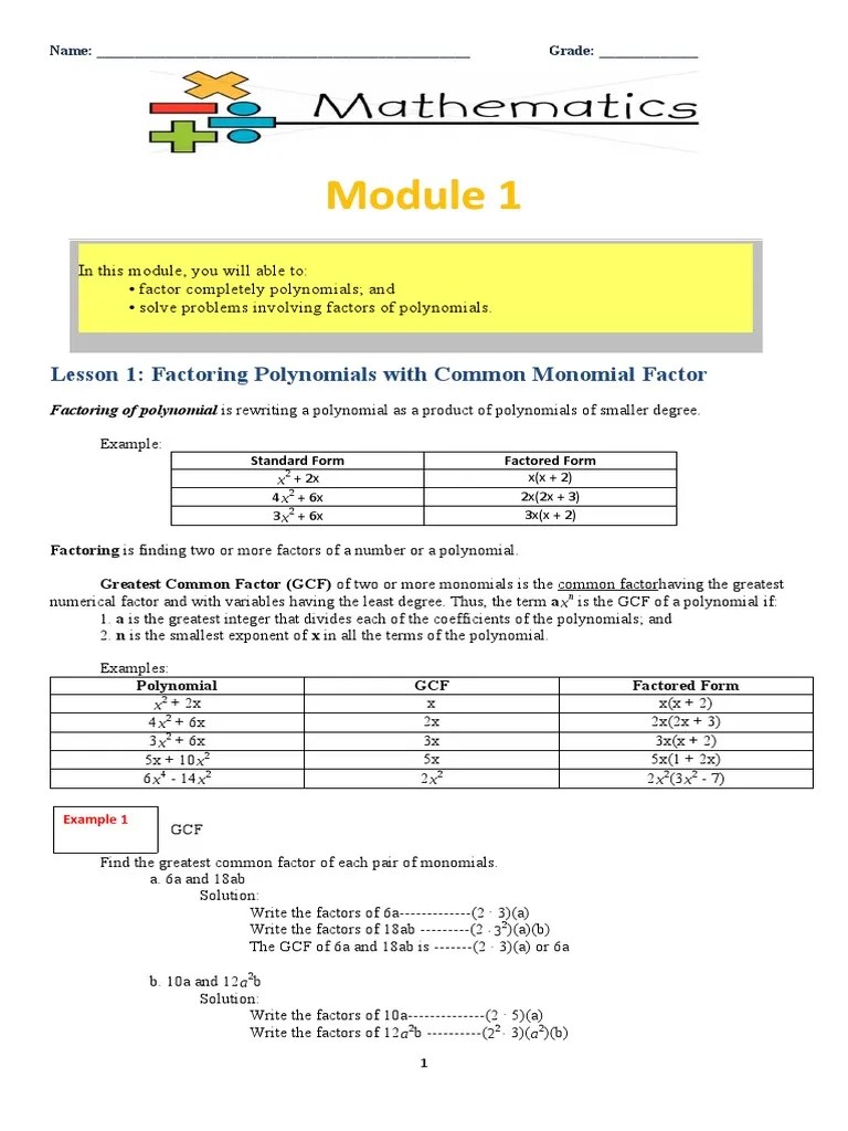 Lesson 1: Factoring Polynomials With Common Monomial Factor | PDF ...