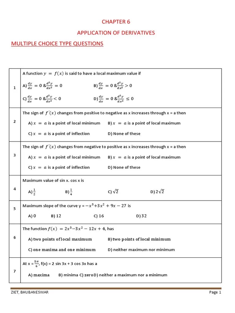 CH 6 MCQ | PDF | Maxima And Minima | Slope