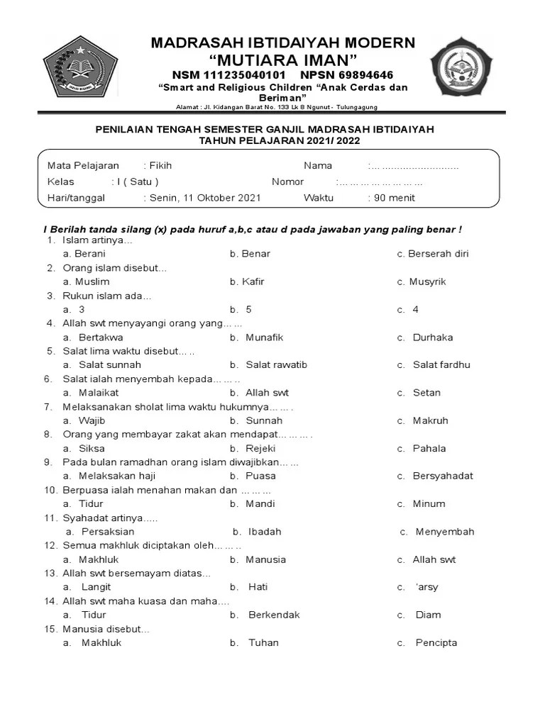 Soal Sumatif Kelas 1 Fikih Pdf - EmriDev