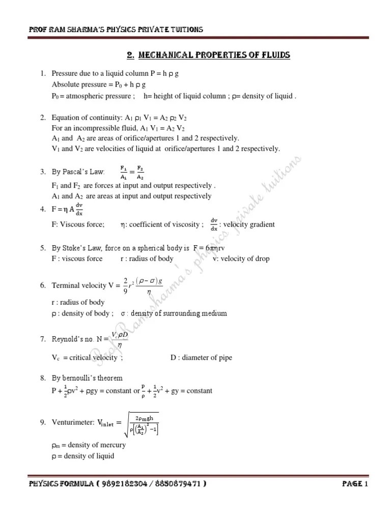 Mechanical Properties Of Fluids | Download Free PDF | Pressure | Fluid Dynamics