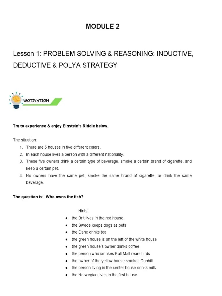 Lesson 1: Problem Solving & Reasoning: Inductive, Deductive & Polya ...