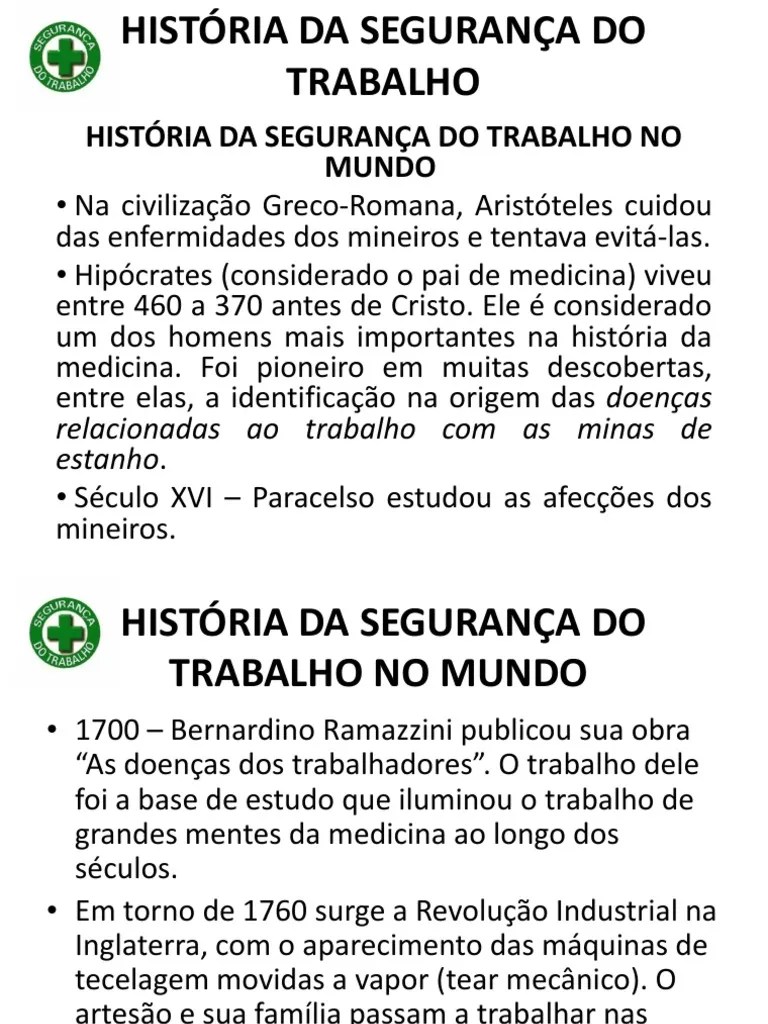 História Da Segurança Do Trabalho | PDF | Enfermagem | Brasil