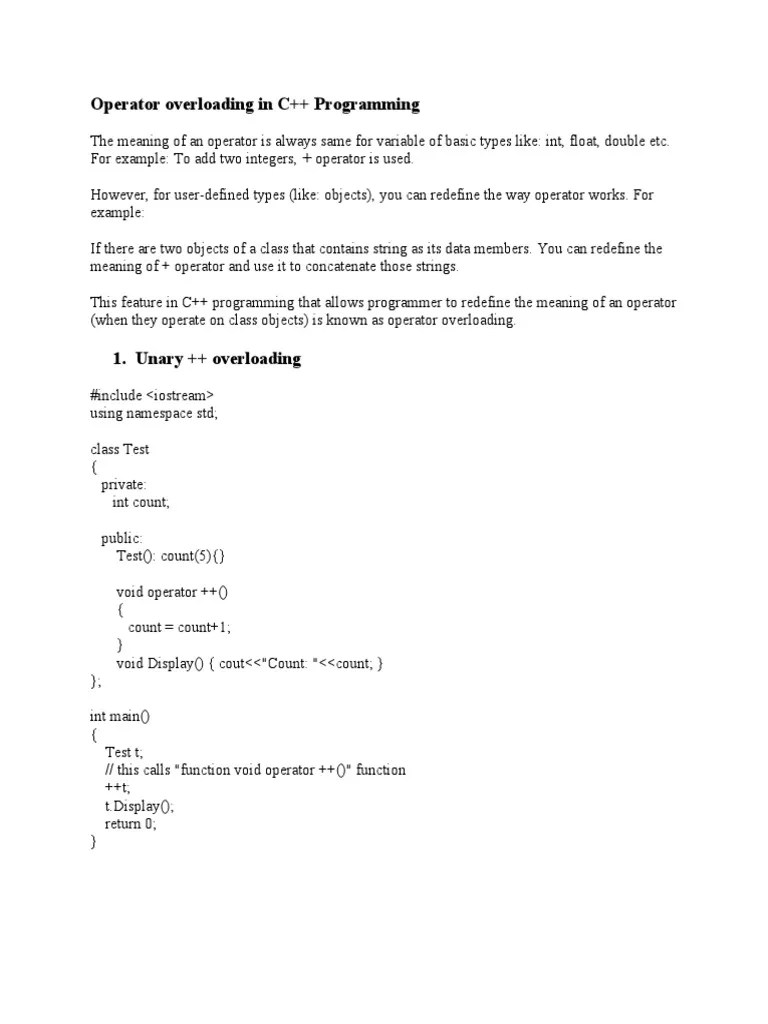 Operator Overloading In C++ Programming | PDF | Integer (Computer ...
