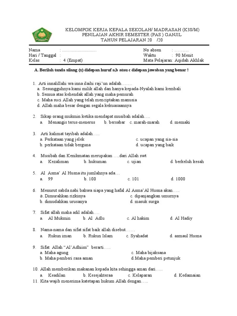 Soal Akidah Akhlak SD MI Kelas 4 Semester 1 Dan Kunci Jawaban | PDF