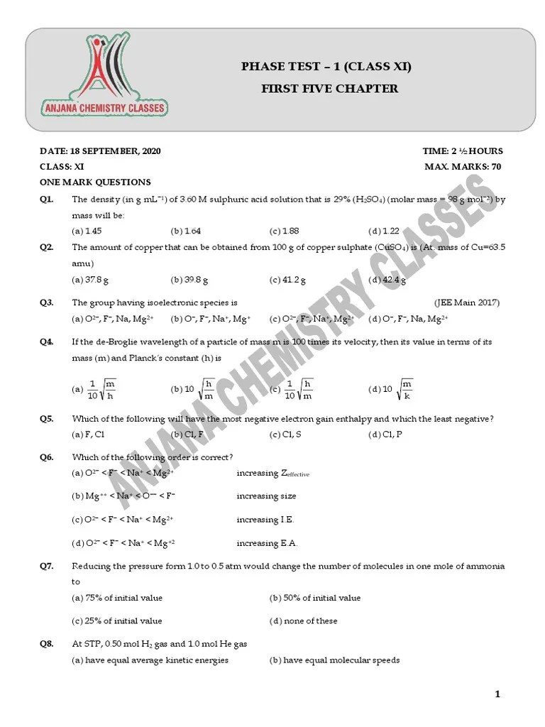 Phase Test - 1 (Class Xi) First Five Chapter | Download Free PDF | Chemical Bond | Gases