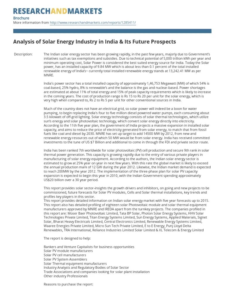 Analysis Of Solar Energy Industry In Ind | Download Free PDF | Solar Power | Photovoltaics