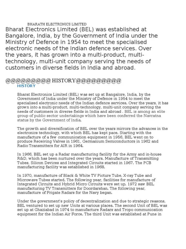 Bharath Electronics Limited Business Production And