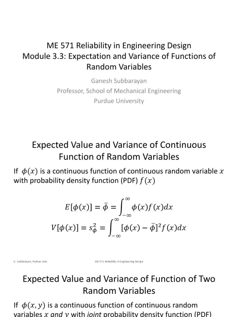 Expected Values And Variances Of Functions Of Random Variables: Continuous Functions, Sums ...
