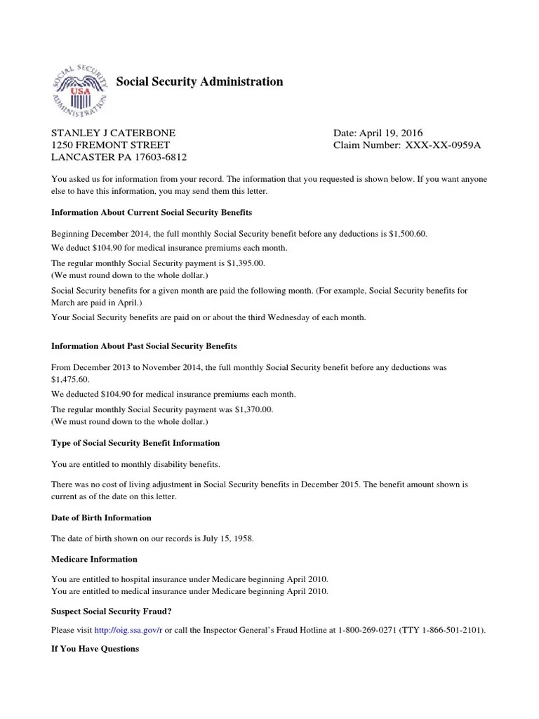 Benefit Verification Letter From The Social Security Administration For ...