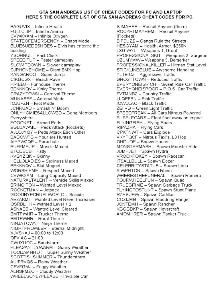 Gta San Andreas List Of Cheat Codes For PC And Laptop Here S The 1