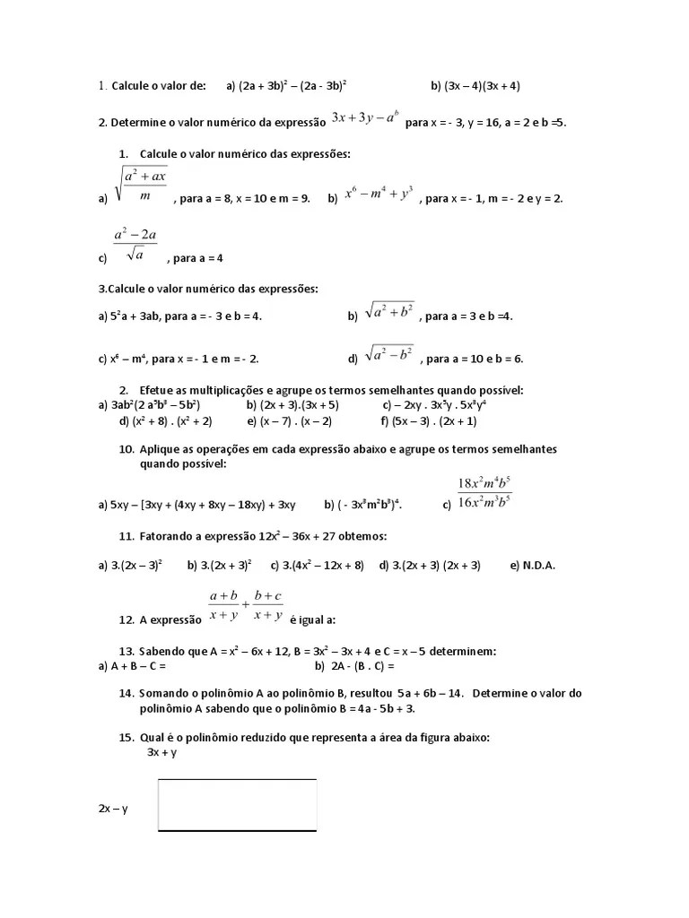 Exercícios De Expressões Algébricas | PDF