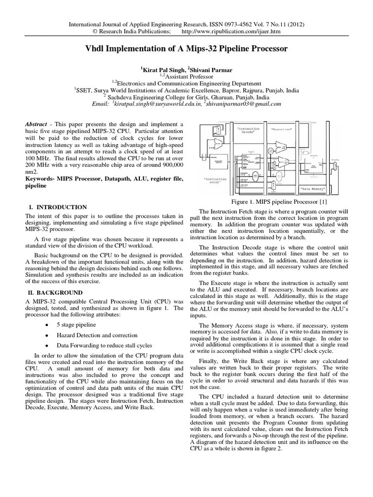 VHDL Implementation Of A Mips-32 Pipeline Processor | PDF | Central ...