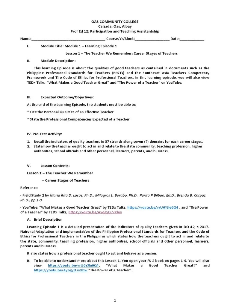 Prof Ed 12 Module 1 Lesson 1 (1) Eme | PDF | Teachers | Doctor Of Philosophy