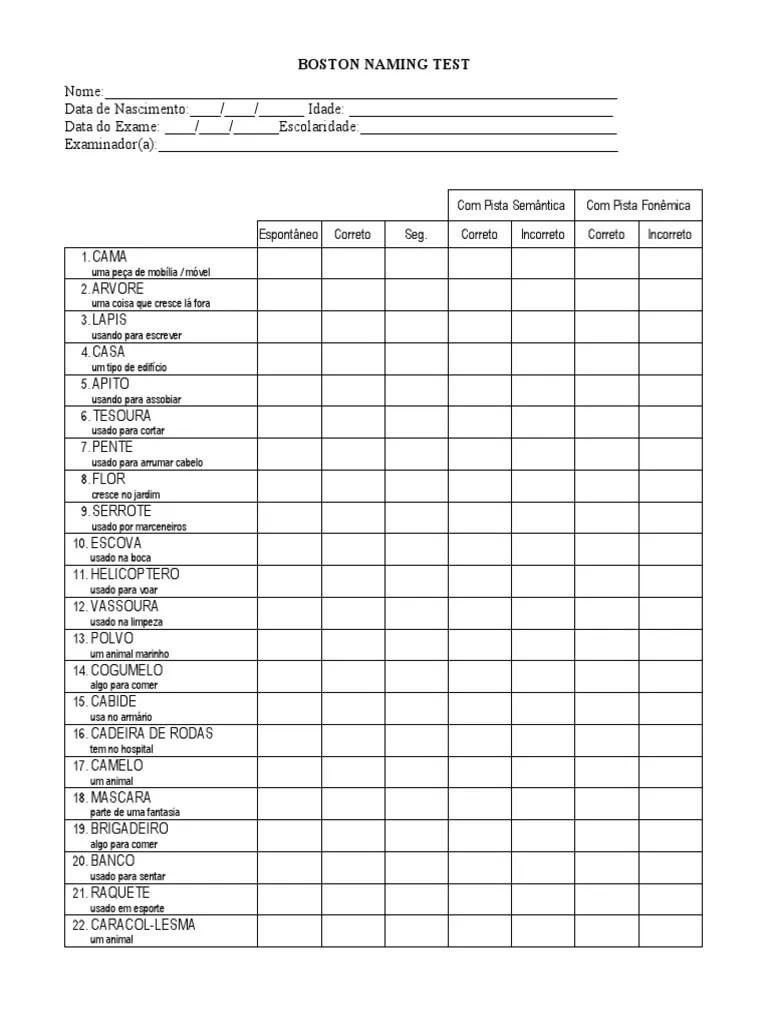 Folha Resposta Boston Naming Test - Editado | PDF
