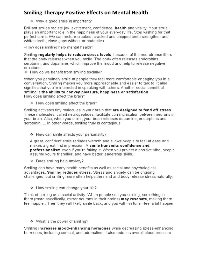 Smiling Therapy Positive Effects On Mental Health | PDF | Laughter | Heart