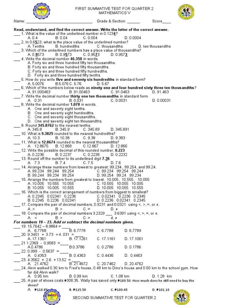 Summative Assessment In Decimal Operations And Problem Solving | PDF | Ratio | Numbers
