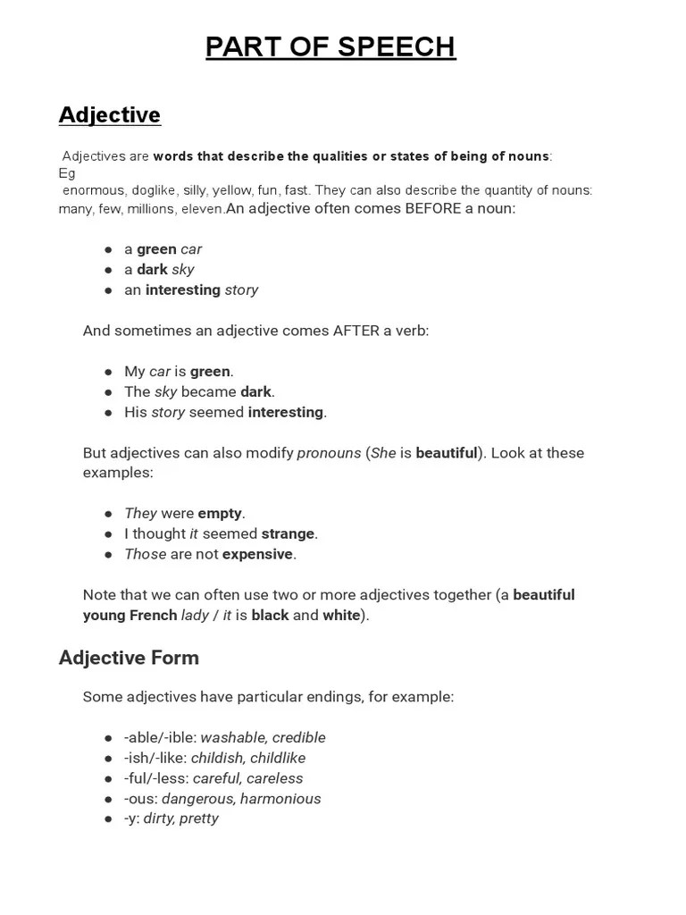 Part Of Speech: Adjective | PDF | Adjective | Noun