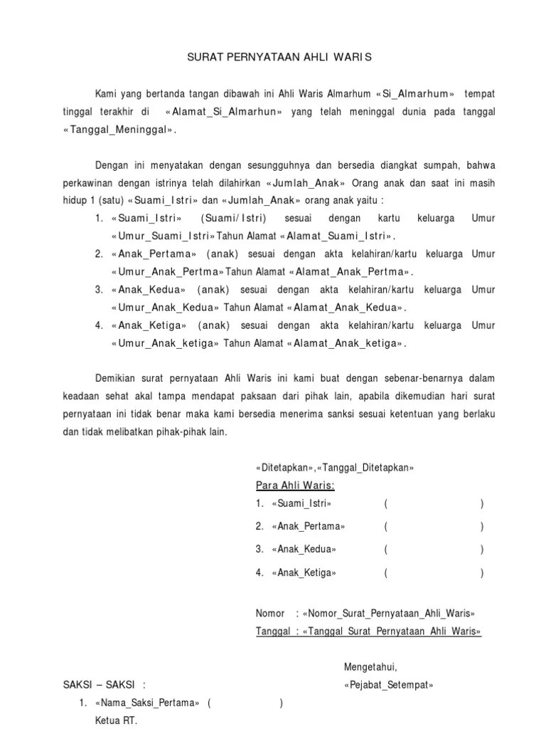 Kami yang bertanda tangan di bawah ini, para ahli waris dari almarhum/ almarhumah … Surat Pernyataan Ahli Waris Pdf