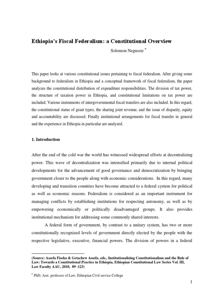 Ethiopia'S Fiscal Federalism: A Constitutional Overview: PHD, Asst. Professor Of Law, Ethiopian ...