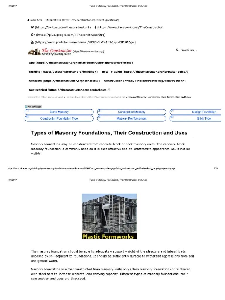 Types Of Masonry Foundations, Their Construction And Uses | PDF