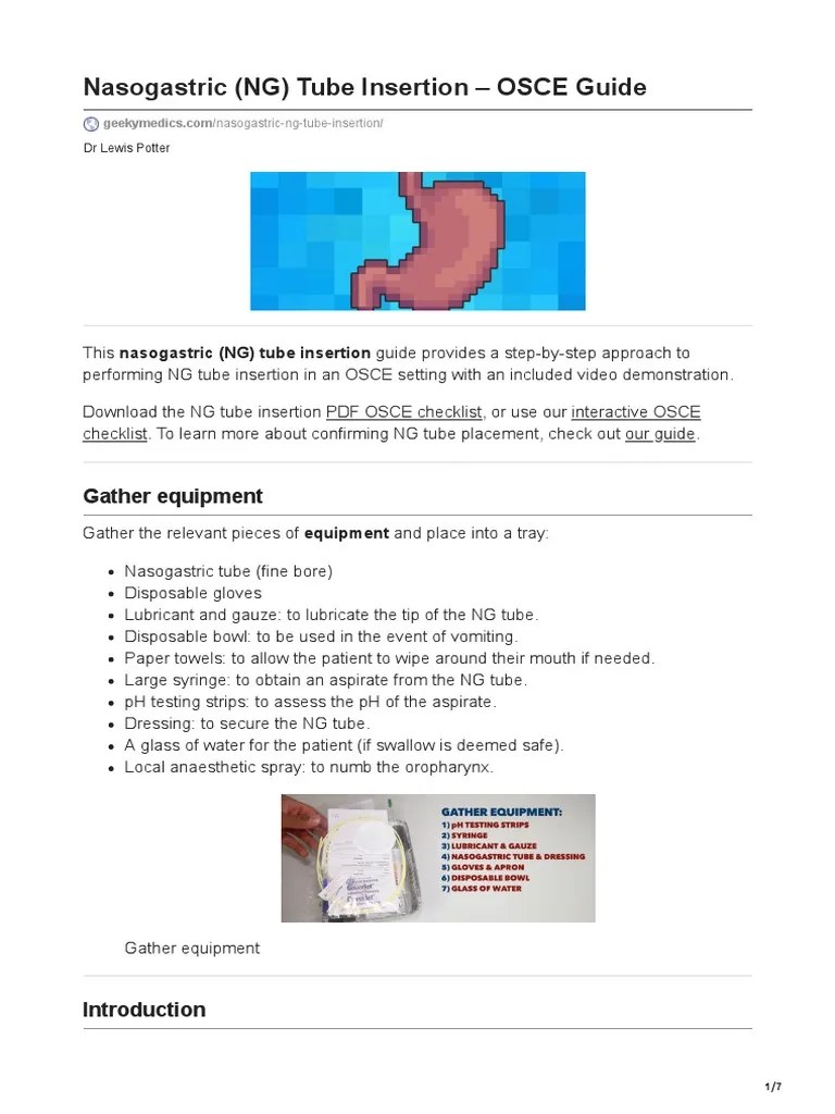 Nasogastric NG Tube Insertion OSCE Guide | PDF | Medical Specialties | Clinical Medicine