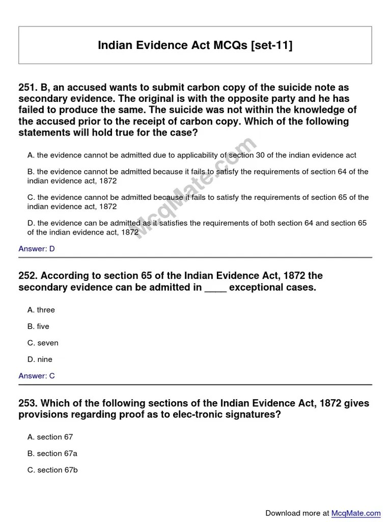 Indian Evidence Act Solved MCQs (Set-11) | PDF | Witness | Evidence