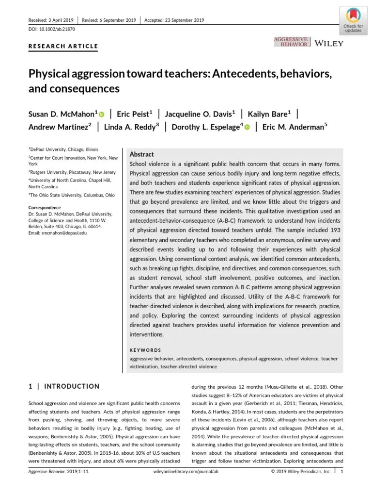 Physical Aggression Toward Teachers-Mcmahon2019 | PDF | Aggression ...