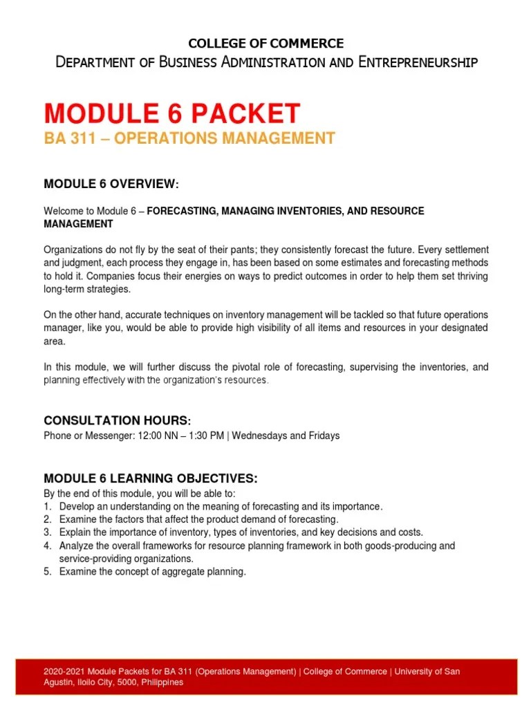 Ba311 - Module 6 Forecasting Managing Inventories And Resource ...