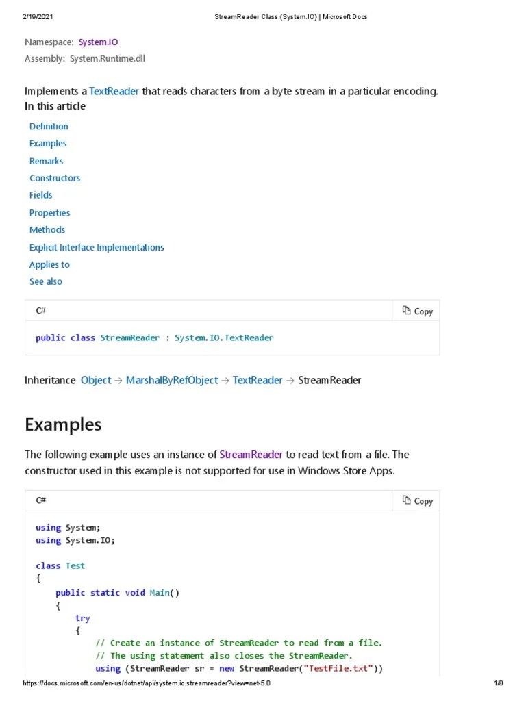 StreamReader Class (System - Io) - Microsoft Docs | PDF | C Sharp ...