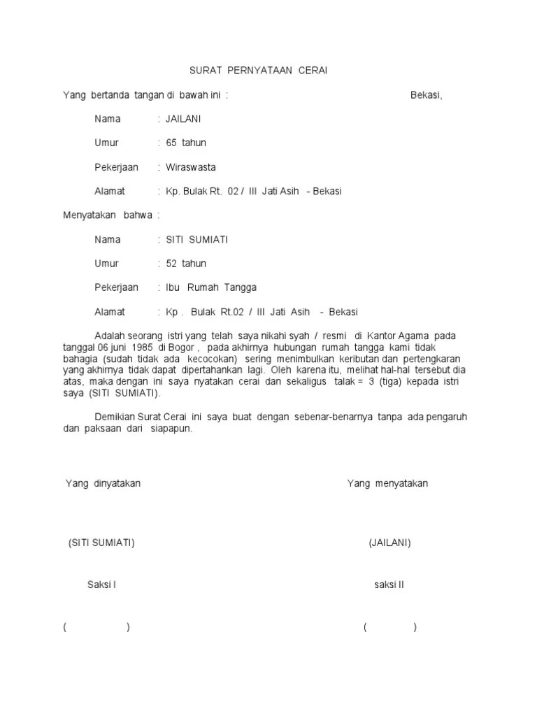 16.08.2012 · contoh format surat permohonan cerai diketik ulang rangkap 8 (delapan), diketik dengan komputer. Contoh Surat Talak 2 - Contoh Surat