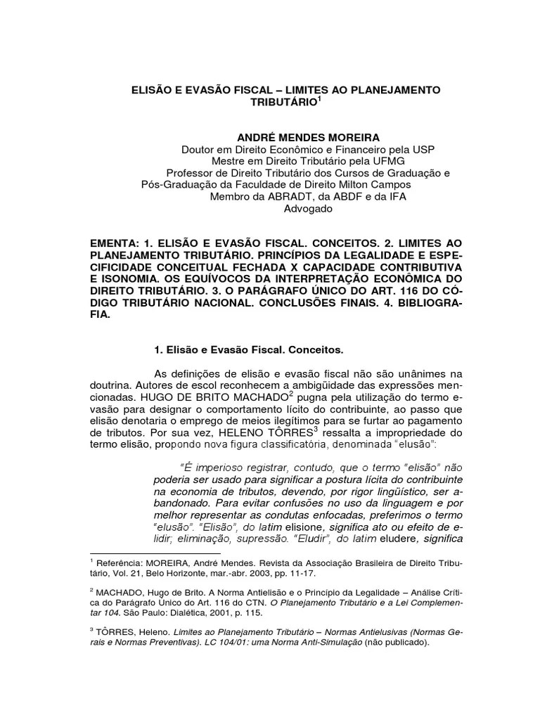 Elisao E Evasao Fiscal - Limites Ao Planejamento Tributario | PDF | Evasão Fiscal | Impostos