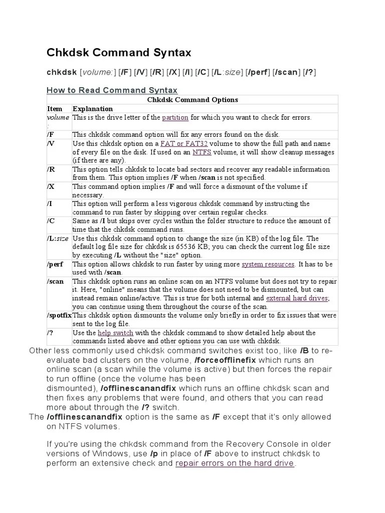 CHKDSK Command Syntax | PDF | Computer Data Storage | Computer Data