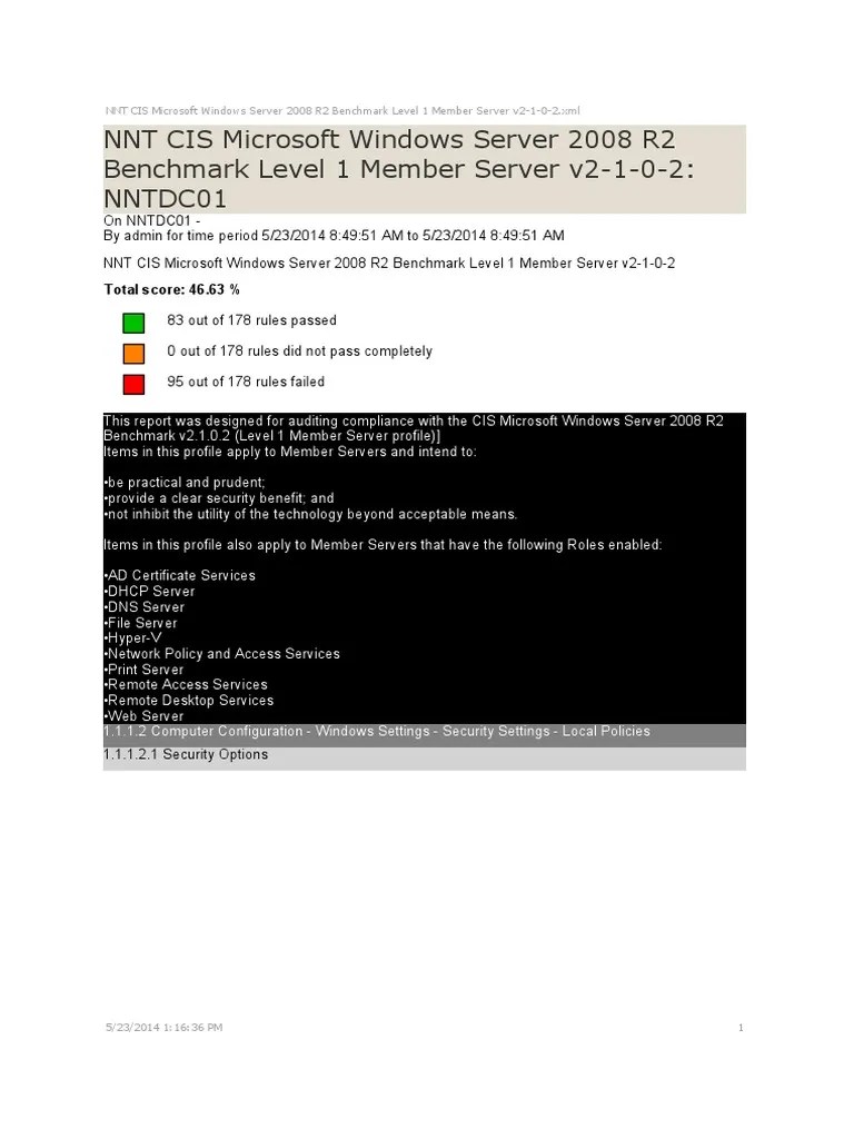 NNT CIS Microsoft Windows Server 2008 R2 Benchmark Level 1 Member Server V2-1-0-2 | PDF ...