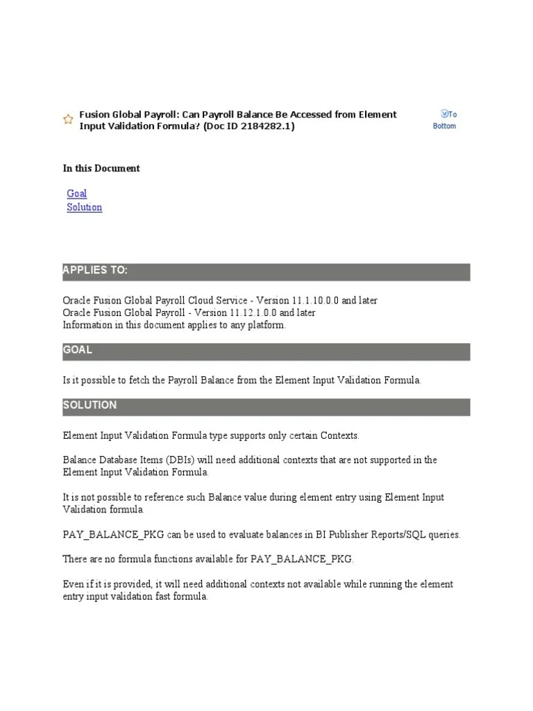 Can Payroll Balance Be Accessed From Element Input Validation Formula | PDF