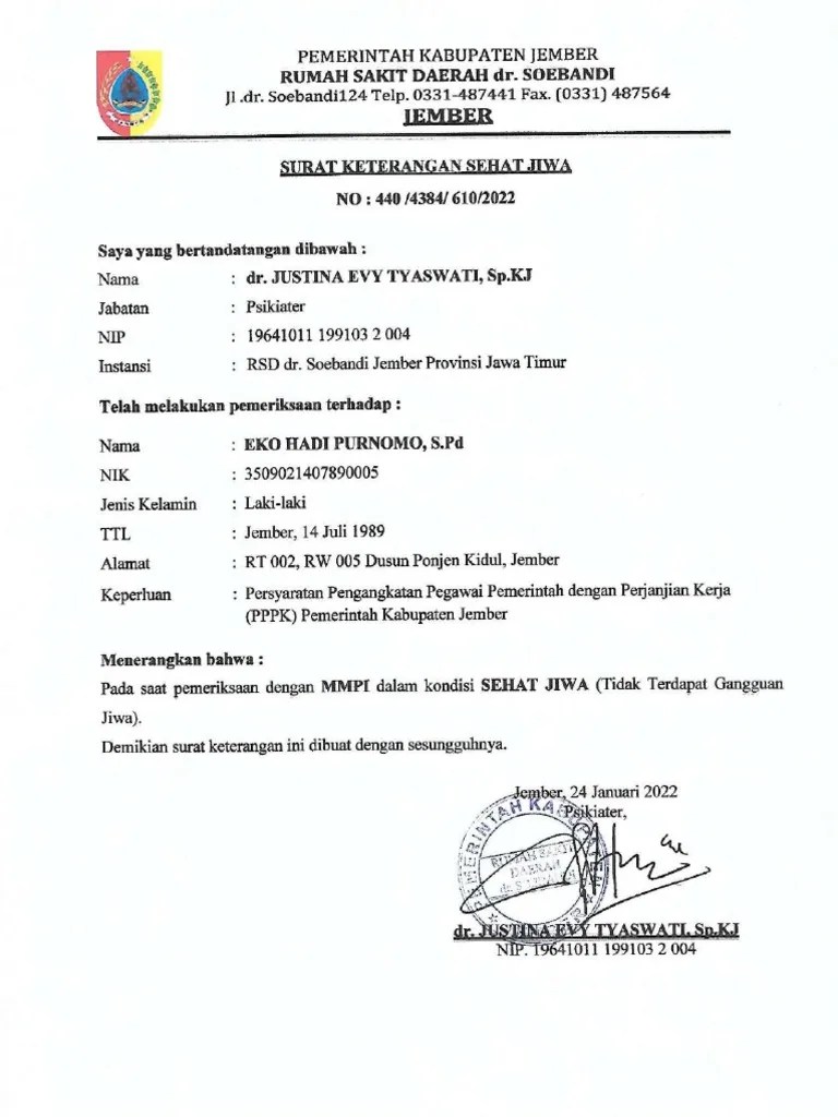 Surat Keterangan Sehat Jasmani Dan Rohani | PDF